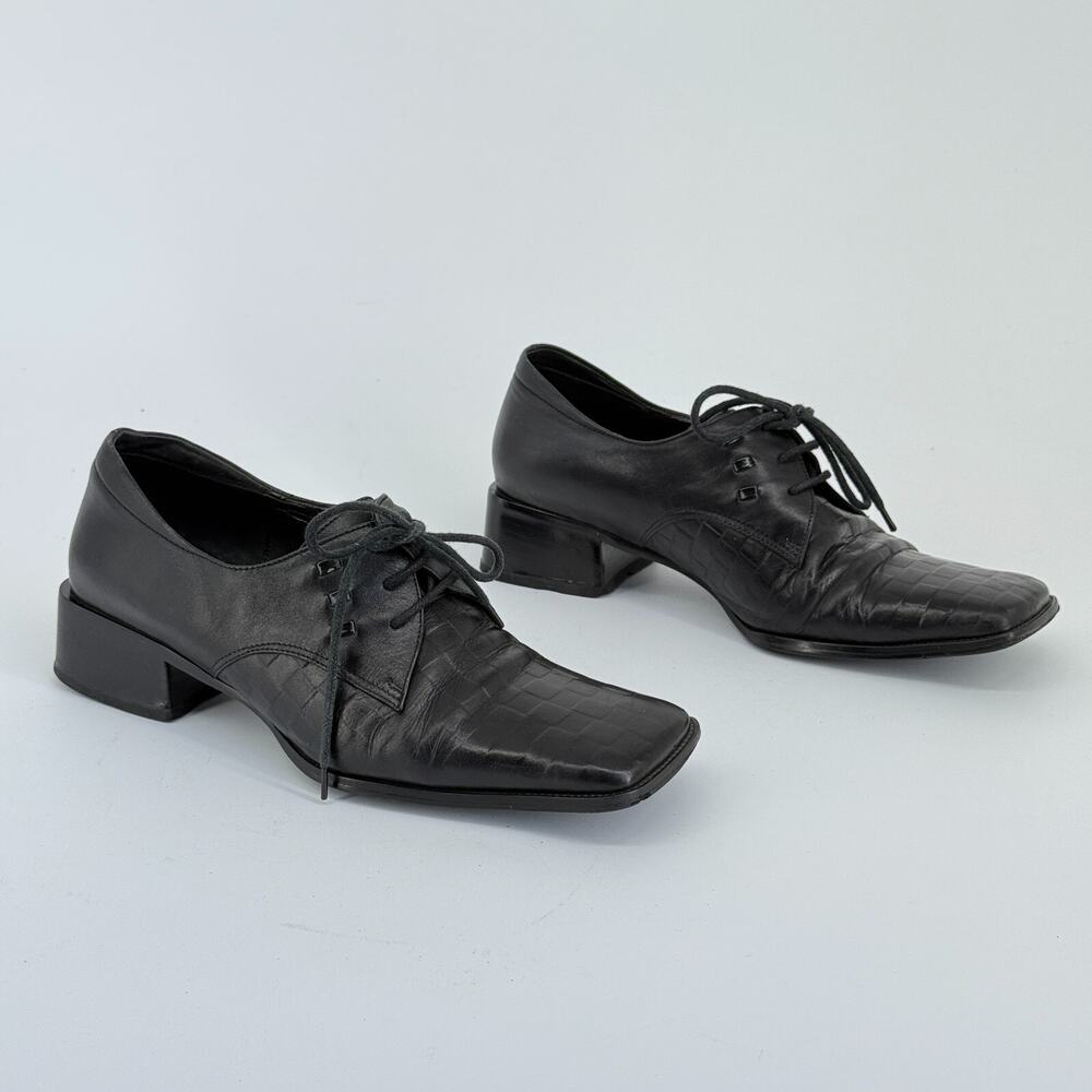 Vtg Guccini Women Leather Heeled Oxford Size 5.5 Square Toe Italy Model off Duty